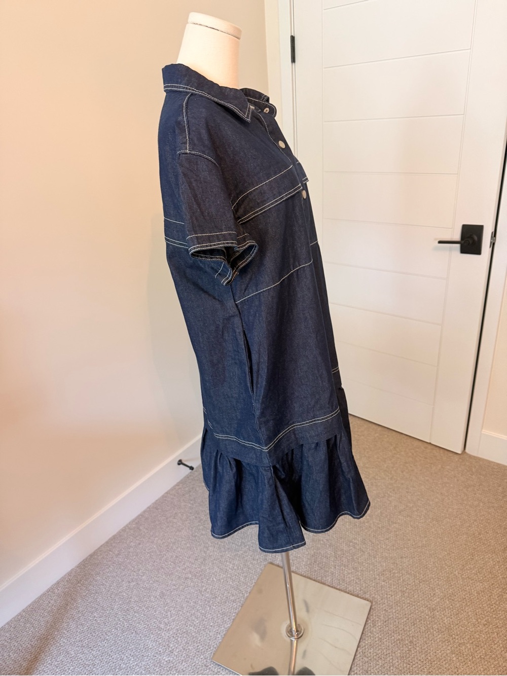 Dark Blue Denim Mini Dress with Ruffle Hem - Picture 5 of 12